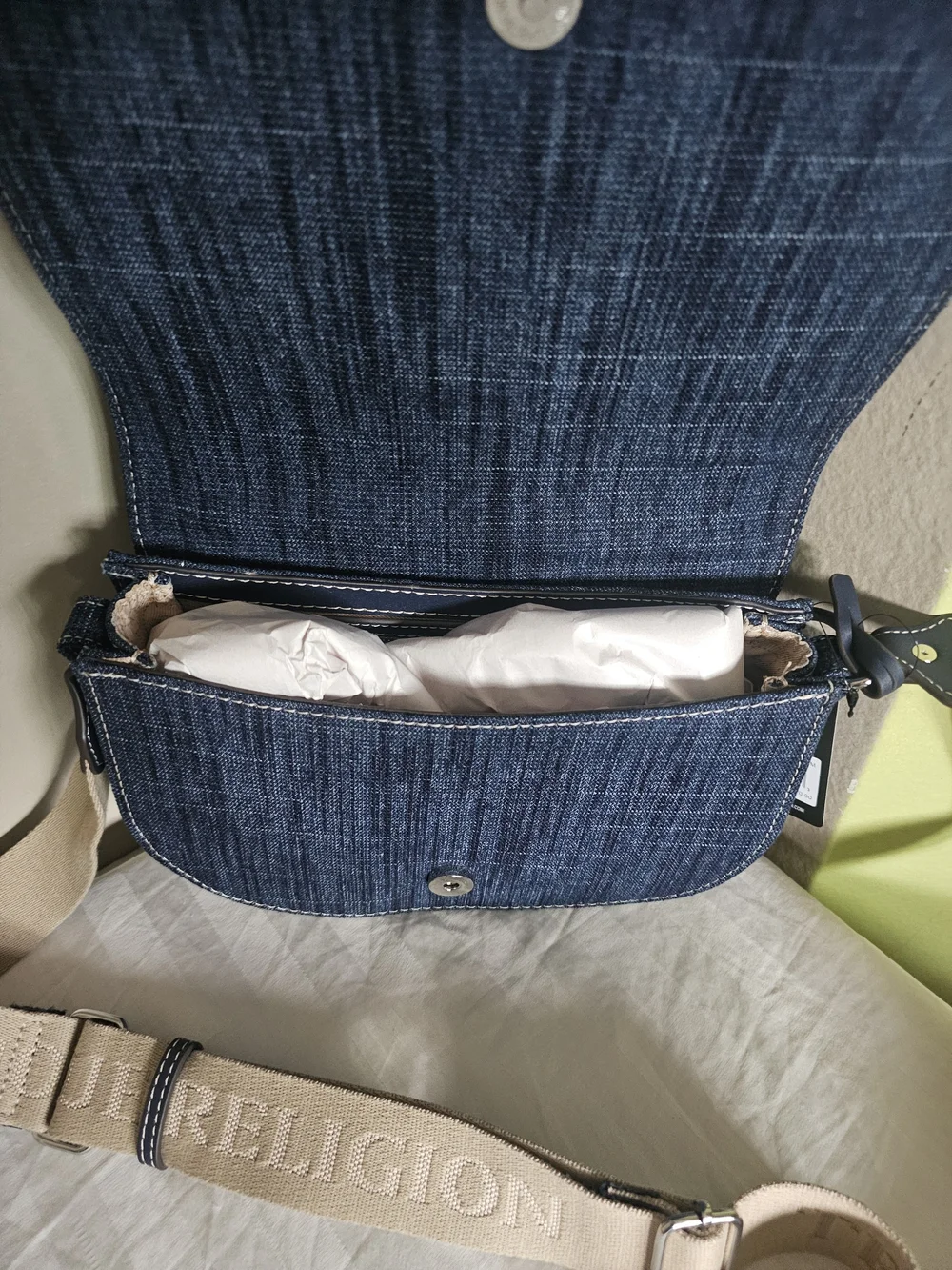True Religion Denim Crossbody Bag with Studded Horseshoe - Blue